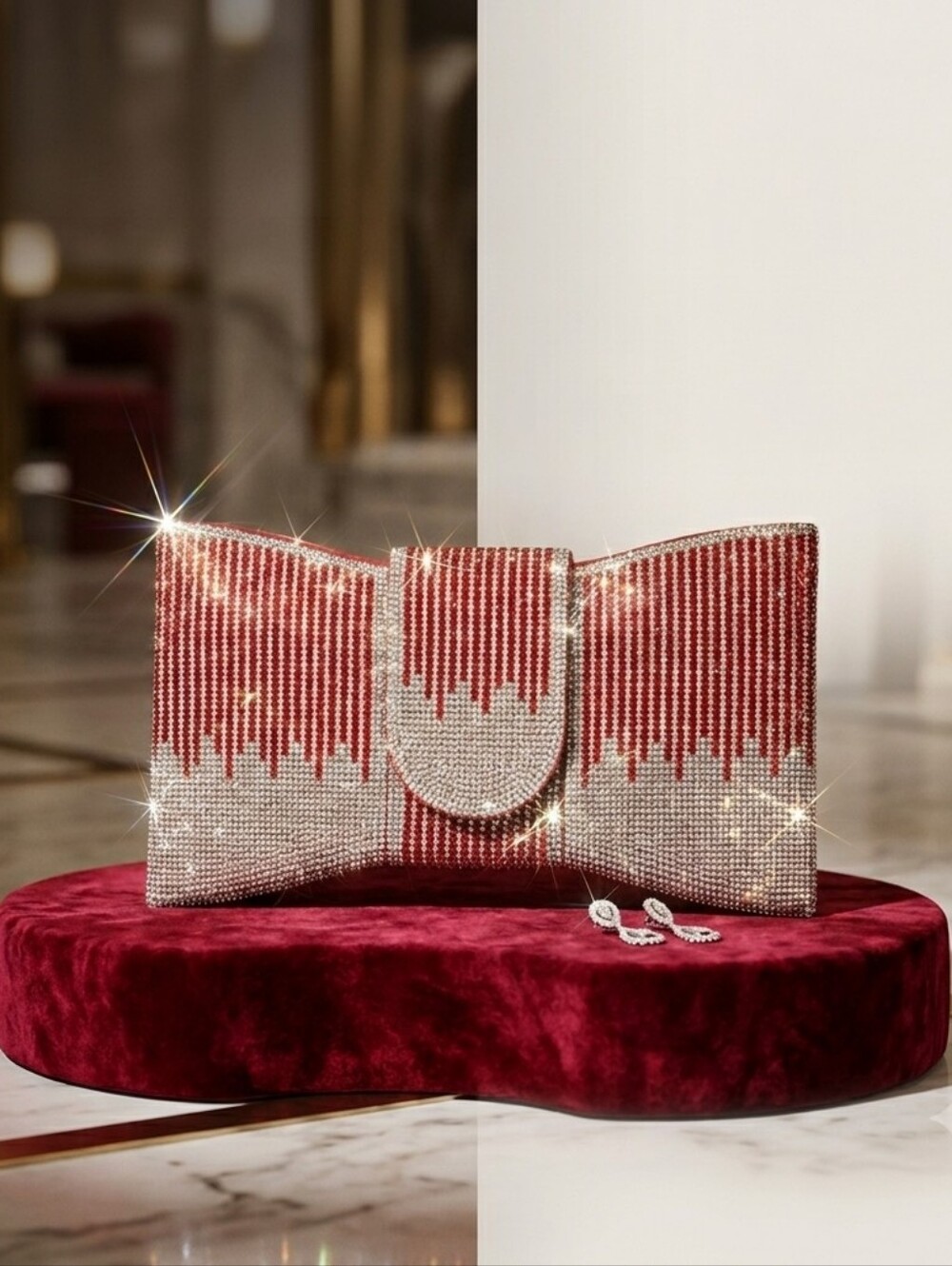 Women's Pavé Red & Silver Rhinestone Bowtie Shape Clutch Handbag Purse - Picture 1 of 7